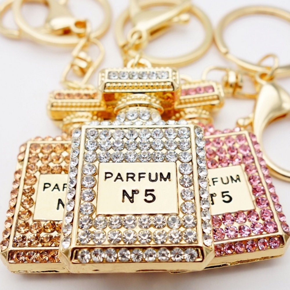 Parfum Keychains No. 5 Gold Cubic Zirconia Cute Purse Charm Accessories - Picture 2 of 7